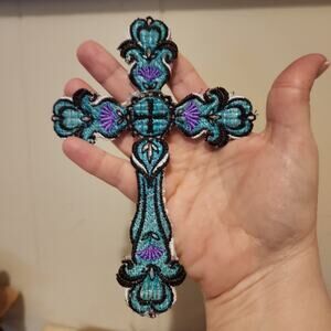 Cross Applique Mosaic Window Hanger Art Design Unique Turquoise Purple Black